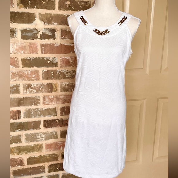 Bethany Dresses & Skirts - Bethany Bright White with Gold Details Halter Dress Size 12